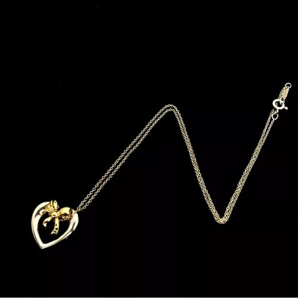 Tiffany & Co. 18K Gold / 925 Sterling Silver Heart & Ribbon Pendant Necklace - Picture 2 of 7
